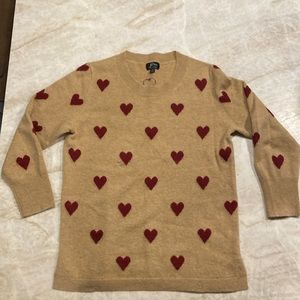 J Crew cashmere sweater. Deep red hearts on camel colored background. 3/4 sleeve